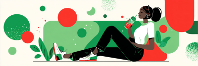 Calm illustration of an adult taking a short break from digital games, stretching or sipping a drink, abstract style with orange, aqua and violet accents, no text --ar 4:3