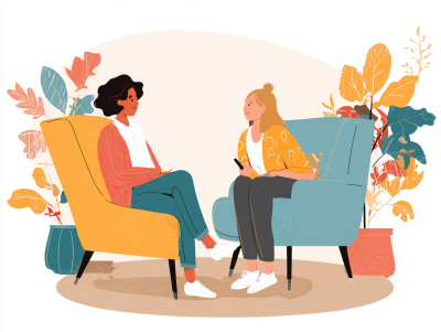 Supportive scene of a person talking with a friend or counsellor in a simple abstract style, warm and calm colors with soft purple and orange accents, no text --ar 4:3